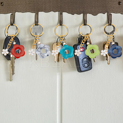 8Pcs 8 Color Flower Acrylic & Alloy Enamel Charm Keychains KEYC-PH01511-1