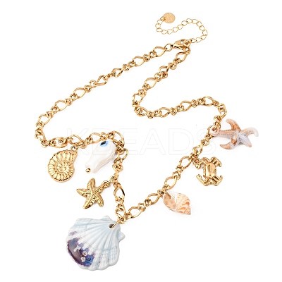 304 Stainless Steel Starfish & Porcelain Fish & Resin & Natural Shell Pendant Necklaces for Women NJEW-F352-03G-1