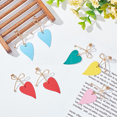 5 Pairs 5 Colors  Alloy Bowknot with Heart Dangle Stud Earrings EJEW-AN0003-59-1