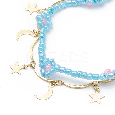 Brass Moon and Star Charms & Seed Flower Double Layer Multi-strand Bracelet for Women BJEW-JB08849-1