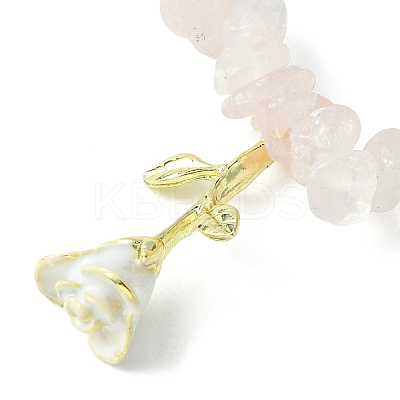 Natural Rose Quartz Chips Beaded Stretch Bracelets with Alloy Enamel Rose Charms BJEW-JB09561-02-1
