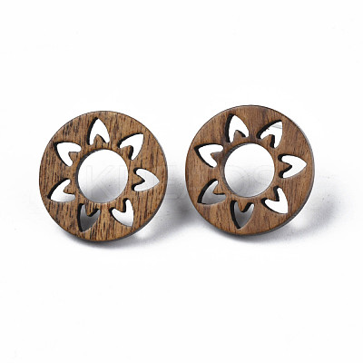 Donut with Flower Walnut Wood Stud Earrings with 316 Stainless Steel Pin for Women EJEW-N017-007-1