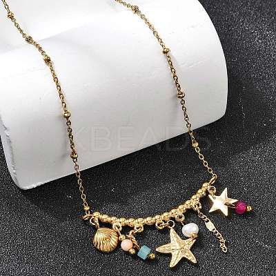 304 Stainless Steel Starfish Shell Shape Pendant Bib Necklaces for Women NJEW-K255-58G-1