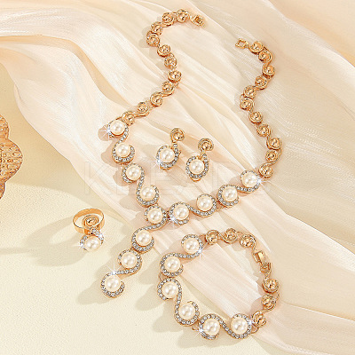 Letter S Alloy Crystal Rhinestone & Plastic Imitation Pearl Chain Necklaces & Stud Earrings & Link Bracelets & Rings Sets FS-WG52E62-01-1