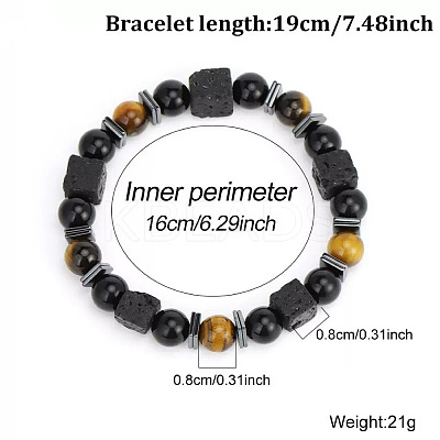 European Synthetic Non-magnetic Hematite & Natural Obsidian & Lava Rock & Tiger Eye Beaded Stretch Bracelets for Men XR3727-2-1