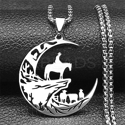 201 Stainless Steel Hollow Cut Cowboy Moon Pendant Necklaces LS-NJEW-H065-26P-1