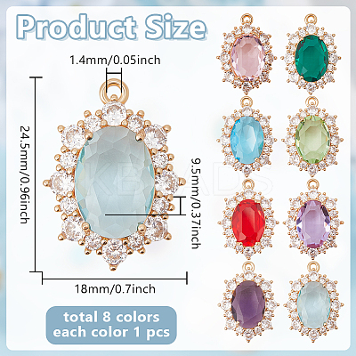 8Pcs 8 Colors Brass Pave Cubic Zirconia Pendants KK-AR0001-92-1