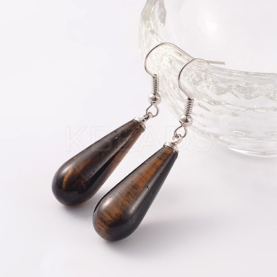 Teardrop Platinum Tone Brass Natural Tiger Eye Dangle Earrings EJEW-M058-04-1