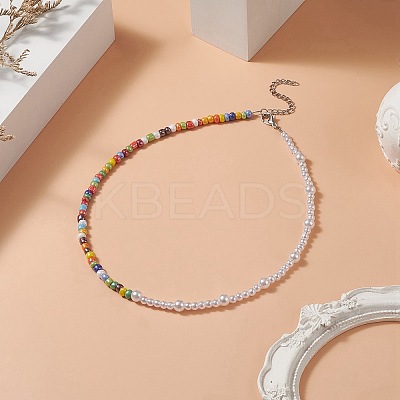 Glass Seed Bead & ABS Plastic Imitation Pearl Beaded Necklaces for Women NJEW-JN04264-1