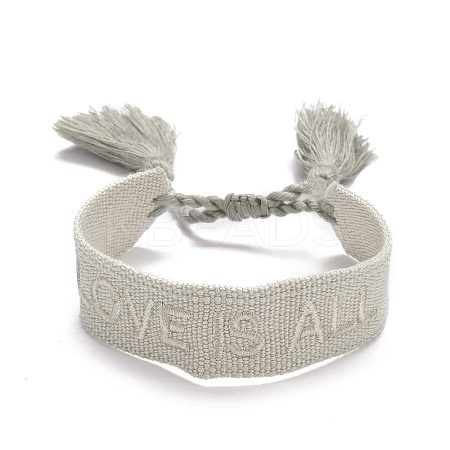 Word Love Is All Polycotton(Polyester Cotton) Braided Bracelet with Tassel Charm BJEW-F429-05-1