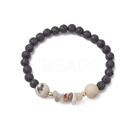Natural Bamboo Leaf Agate with Natural Lava Rock Beaded Stretch Bracelets for Women BJEW-JB11130-07-1