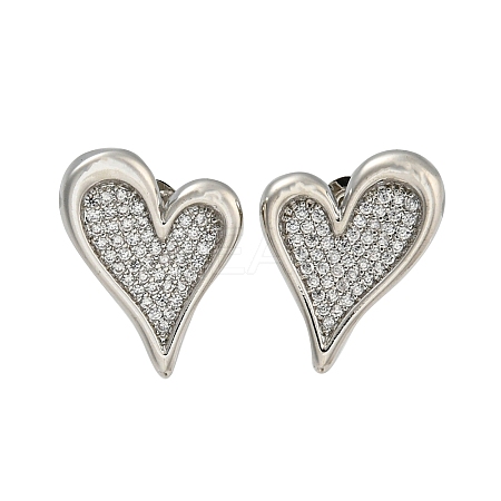 Heart Brass Pave Clear Cubic Zirconia Stud Earrings for Women EJEW-N054-42P-1