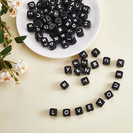 20Pcs Black Cube Letter Silicone Beads 12x12x12mm Square Dice Alphabet Beads with 2mm Hole Spacer Loose Letter Beads for Bracelet Necklace Jewelry Making JX433P-1