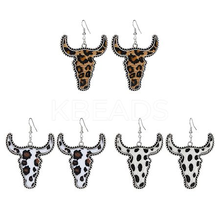 3 Pairs 3 Colors Imitation Leather Cattle Head Dangle Earrings for Women EJEW-FI0002-36-1