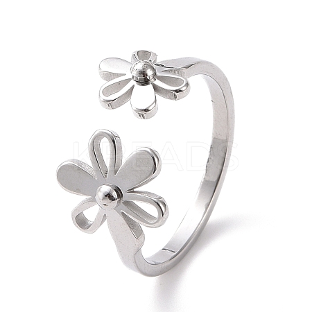 Non-Tarnish 304 Stainless Steel Flower Open Cuff Ring for Women RJEW-D120-07P-1