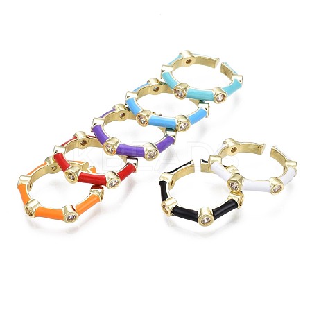 Clear Cubic Zirconia Bamboo Shape Open Cuff Ring with Enamel for Women RJEW-N035-101-1
