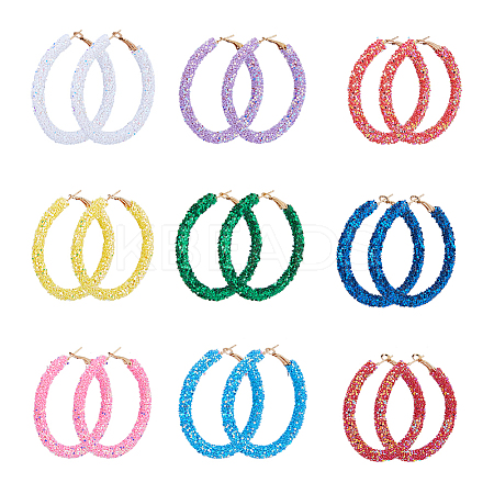 9 Pairs 9 Colors Sparkling Resin Big Hoop Earrings with Alloy Pins for Women EJEW-FI0002-13-1