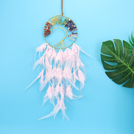Tree of Life Wrapped Natural & Synthetic Mixed Stone Chips Woven Web/Net with Feather Decorations PW-WG91800-06-1