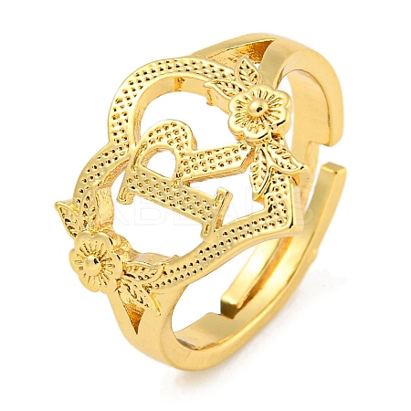 Heart with Letter & Flower Rack Plating Brass Adjustable Rings for Women RJEW-I105-05G-R-1