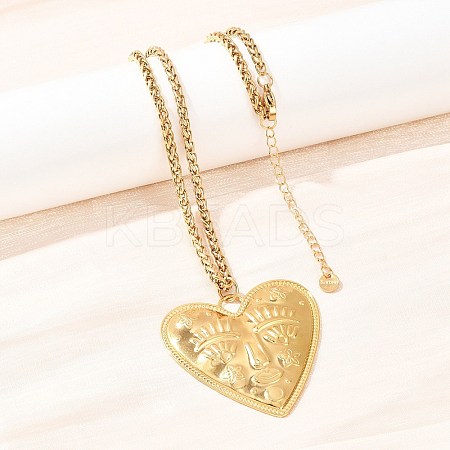 304 Stainless Steel Embossed Human Face Pendant Wheat Chain Necklaces NJEW-P430-03B-G-1