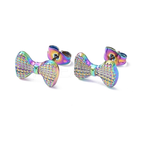 Ion Plating(IP) 304 Stainless Steel Grooved Bowknot Stud Earrings for Women EJEW-I285-05MC-1