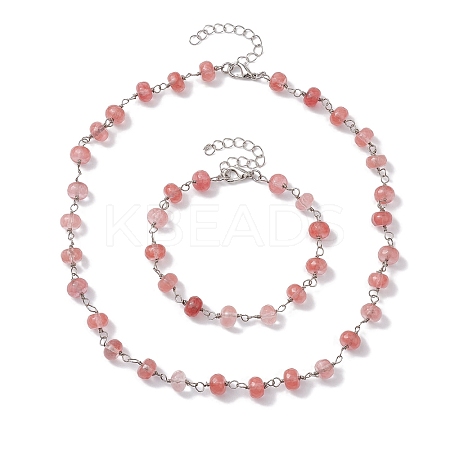 Rondelle Cherry Quartz Glass Links Bracelets & Necklaces Sets SJEW-JS01295-01-1
