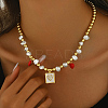 Elegant Brass & Imitation Pearl Heart Square Bib Necklaces for Women YJ5176-3