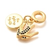 Brass Cubic Zirconia Flat Round & Swallow European Dangle Charms KK-U048-19G-2