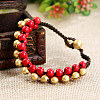 Bohemian Style Synthetic Turquoise Round Beaded & Brass Bell Charm & Wax Cord Braided Bead Bracelets FS-WGC2A27-03-1