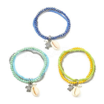 3Pcs 3 Colors Electroplate Glass & Shell Stretch Bracelets for Women BJEW-TA00381-1
