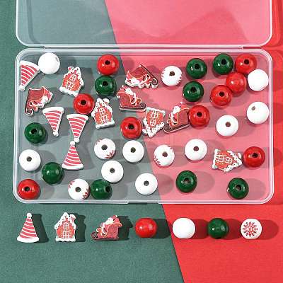 50Pcs 7 Styles Christmas Painted Wood Beads Set WOOD-FS0002-44-1