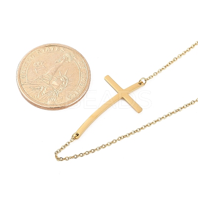 Ion Plating(IP) 304 Stainless Steel Religion Curved Cross Pendant Cable Chain Necklaces for Women NJEW-P320-13G-1