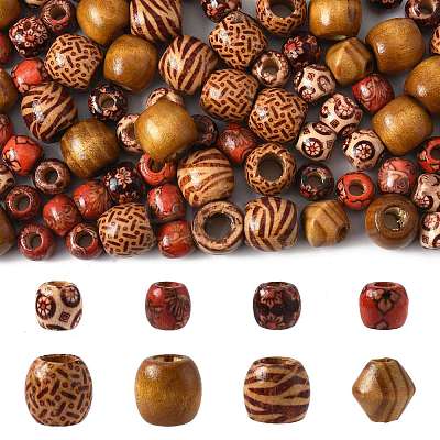 161Pcs 8 Styles Printed Natural Wood Beads WOOD-FS0001-52-1