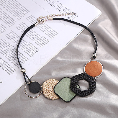 Bohemian Style Alloy and Raffia Geometric Pendant PU Leather Cord Bib Necklaces FS-WG7F958-04-1