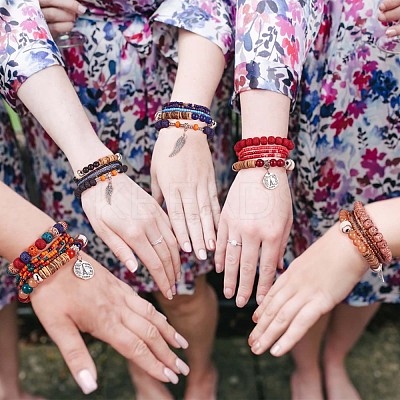 5Pcs 5 Style Wood & Glass Seed & Acrylic Beaded Stretch Bracelets Set with Baseball JB709B-1