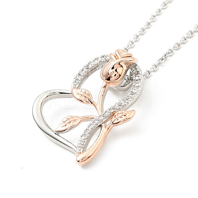 Clear Cubic Zirconia Heart with Rose Pendant Necklace NJEW-F293-01B-RG-1