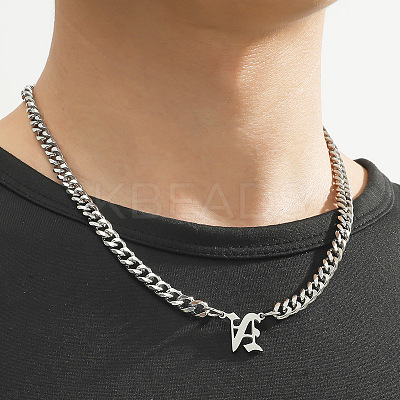 304 Stainless Steel Initial Pendant Cuban Link Chain Necklaces FS-WGB15F2-10-1
