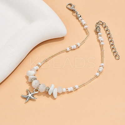 Natural White Jade Chips & Glass Beads Anklets WGE754A-02-1