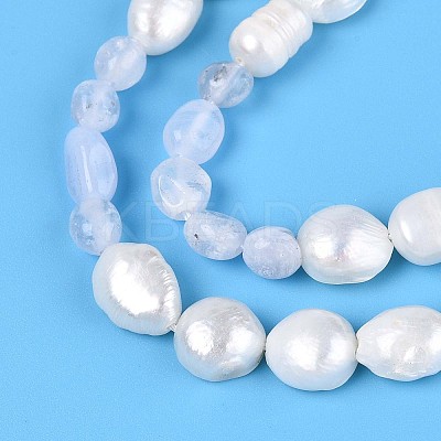 Natural Blue Lace Agate Nuggets & Natural Cultured Freshwater Pearl Beads Strands PEAR-N023-01A-04-1