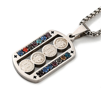 201 Stainless Steel Colorful Rhinestone Rectangle with Saint Benedict Medal Pendant Necklaces NJEW-G115-03P-1