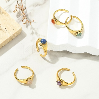 Natural Gemstone Sun 304 Stainless Steel Cuff Open Rings for Women RJEW-JR01065-1