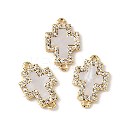 Brass Micro Pave Clear Cubic Zirconia and Natural Shell Cross Connector Charms KK-Z115-09G-1