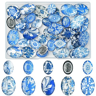 40Pcs 2 Styles Floral Theme Ornaments Glass Oval Flatback Cabochons GGLA-FS0001-10-1