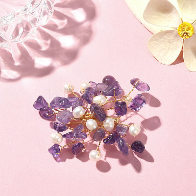 Natural Amethyst Chips & Pearl Beaded Flower Brooch Pin JEWB-BR00098-01-1