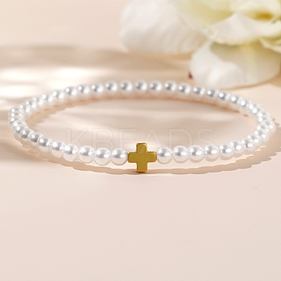 Minimalist Imitation Pearl & Brass Cross Beaded Stretch Bracelets QX2906-3-1