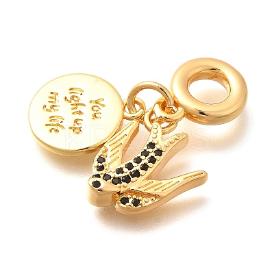 Brass Cubic Zirconia Flat Round & Swallow European Dangle Charms KK-U048-19G-1