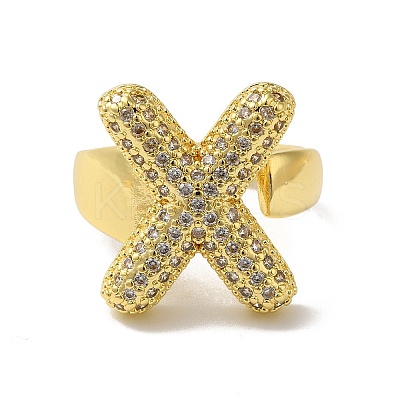 Letter Brass Micro Pave Clear Cubic Zirconia Open Cuff Ring for Women RJEW-N046-03X-G-1