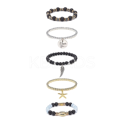 5Pcs 5 Style Natural Lava Rock & Natural Quartz & Synthetic Hematite Stretch Bracelets Set BJEW-JB08739-1