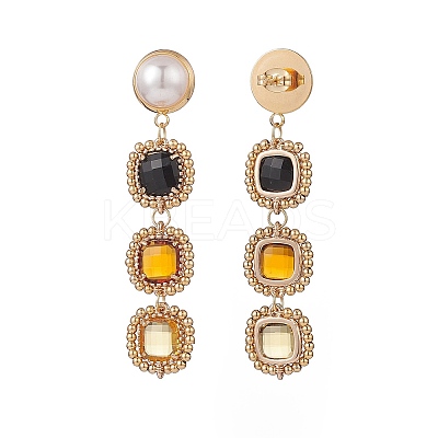 Glass Rectangle Beaded Long Dangle Stud Earrings with Imitation Pearl EJEW-TA00141-02-1