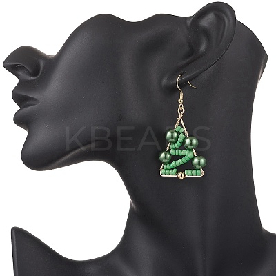 Christmas Tree Glass Pearl & Glass Seed Dangle Earrings EJEW-TA00720-1